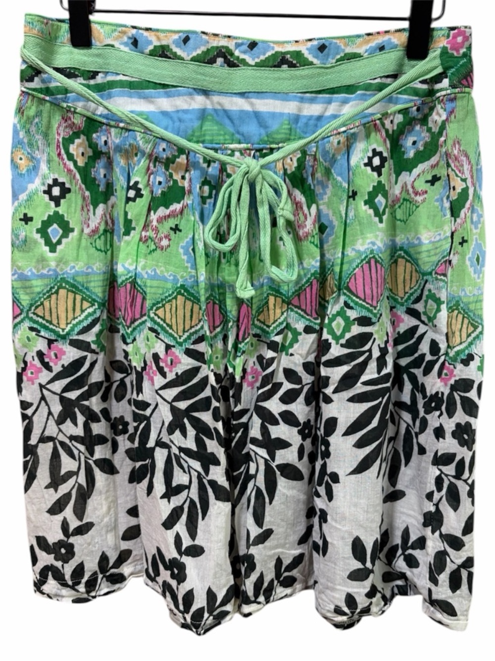 Green Multi-Print A-Line Skirt with Drawstring Waist